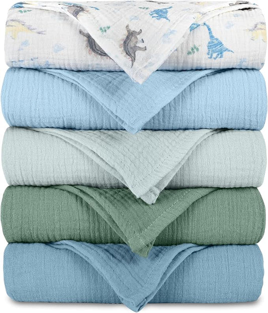 Muslin Receiving Blankets, Neutral Blanket Swaddling for Newborn Boys and Girls, 5 Pack Breathable and Skin-Friendly Swaddle Wrap for Infant Baby (Blue Dinosaur)