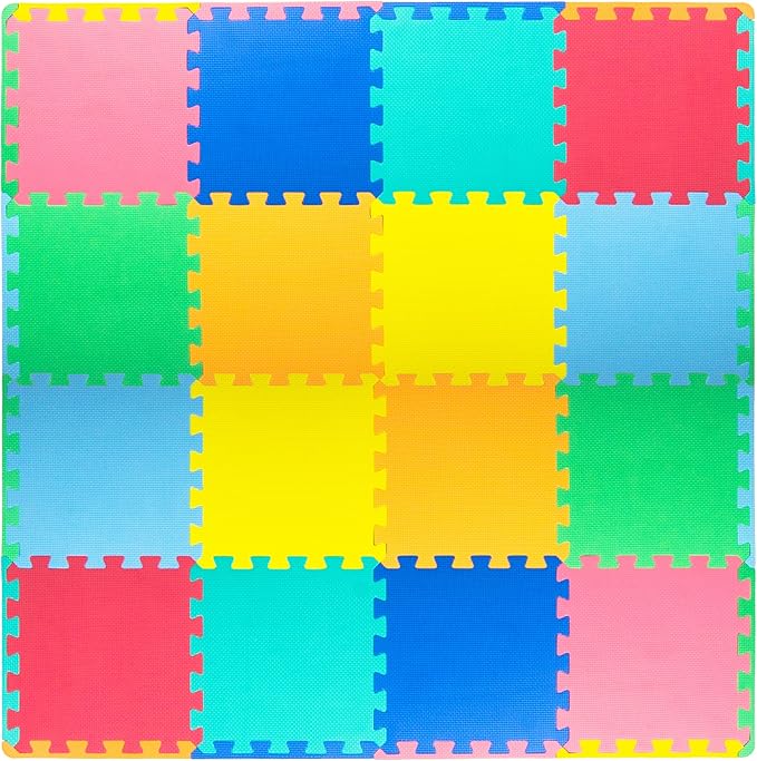 ProSource Foam Puzzle Floor Play Mat for Kids and Babies with Solid Colors, 36 or 16 Interlocking Tiles with Borders, Assorted