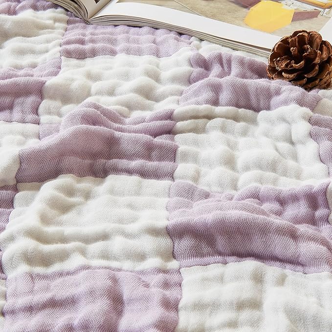 EMME Cooling Muslin Blanket for Adults - Checkered Lightweight Summer Cotton Throw Blankets of Rayon Derived from Bamboo for Hot Sleepers, Ultra Soft Breathable Gauze