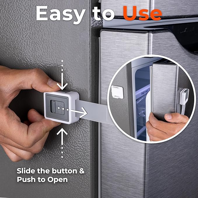 2-Pack Child Proof Fridge Lock with Adhesive - Adjustable Baby Proofing Straps - Refrigerator Lock for Kids - Freezer Latch to Keep Door Closed - for Toddlers, Cats, & Dogs - Universal Compatibility