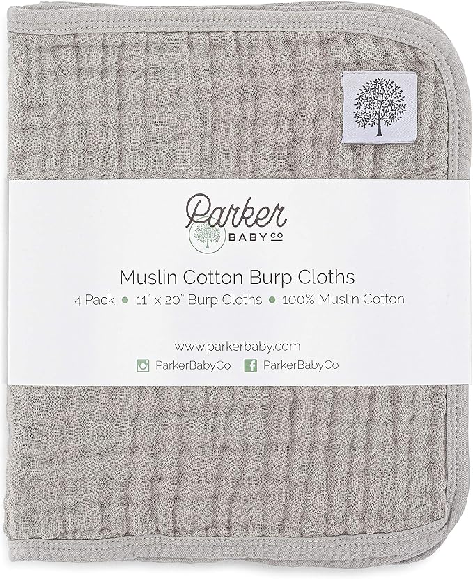 Parker Baby Muslin Burp Cloths | 100% Cotton Burping Clothes, Newborn Essential | Must-Have Baby Registry, Modern and Trendy Colors | 20"x11" Unisex Large Baby Burp Cloths, 4-Pack Gray Set