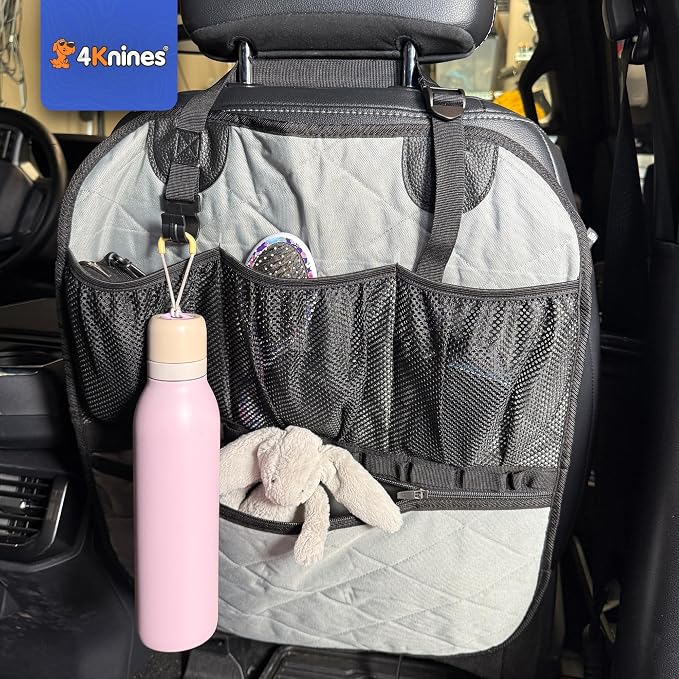 4Knines Car Seat Back Organizer – Heavy-Duty Kick Mat w/Mesh Storage Pockets, Bottle Hook – UV-Resistant Hardware – Waterproof Backseat Organizer for Kids & Pets – Fits SUVs, Trucks, Cars – Grey
