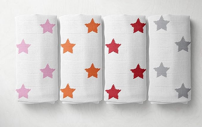 Bacati 4 Piece Stars Muslin Swaddling Blankets for Girls, Pink/Orange/Red/Grey, 45" x 45"
