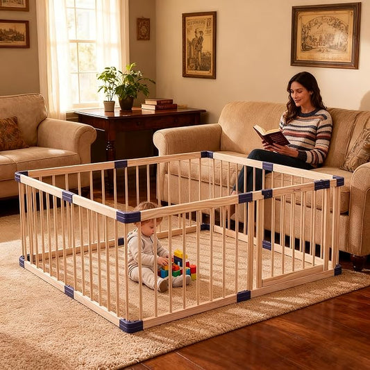 Kids Play Fence with Door,Wood Playpen Baby Safety Play Center Yard, Safe Play Area Indoor Kids Safety Activity Center Playard w/Locking Gate, Without Mat