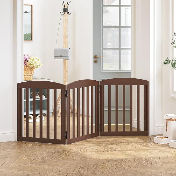 SPIRICH Wooden Freestanding Foldable Dog Gate, Pet Gate Indoor, Dog Gates for Doorways, Stairs, The House, Extra Wide Step Over Puppy Gate, 3 Panels, Brown