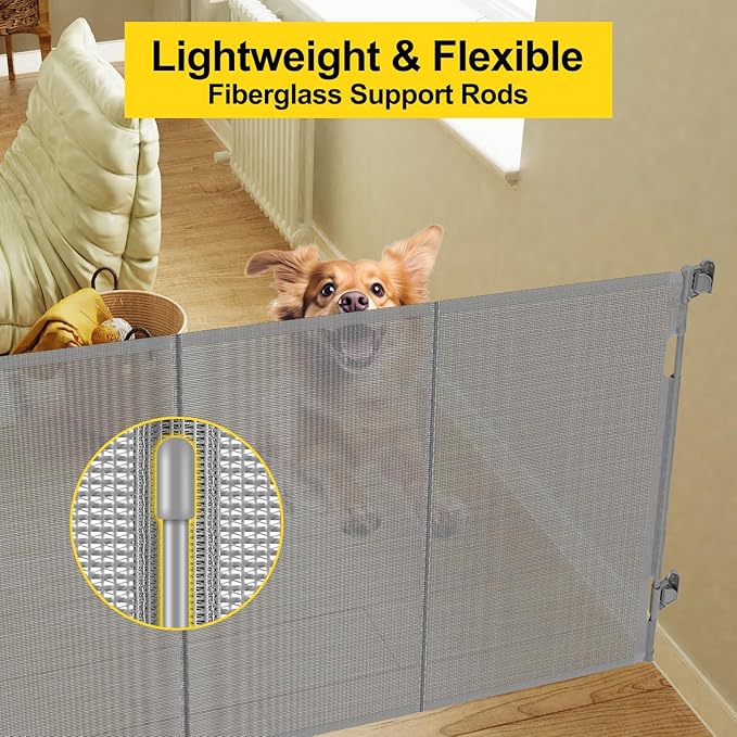 Reinforced 42??Tall x 100??Wide Retractable Baby Gates Extra Tall Dog Gate with Rods to Prevent Crawling Through, Pet Gate for Large Openings Extra Wide Mesh Baby Gate for Stairs, Gray
