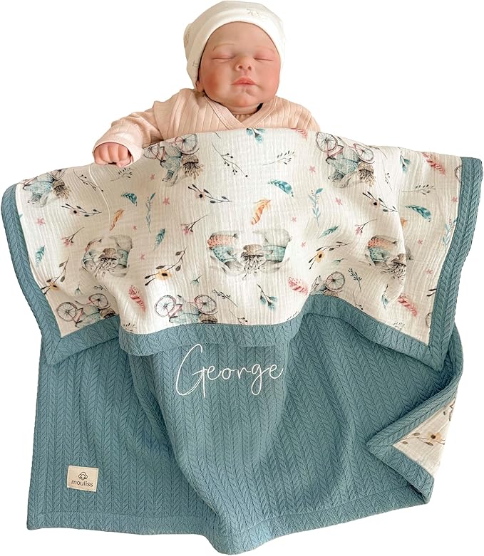 Mouliss Personalized Baby Blanket with Name ??Handmade 100% Organic Cotton Newborn Gift | Custom Knit Blanket for Boys, Girls, Kids & Baby Showers
