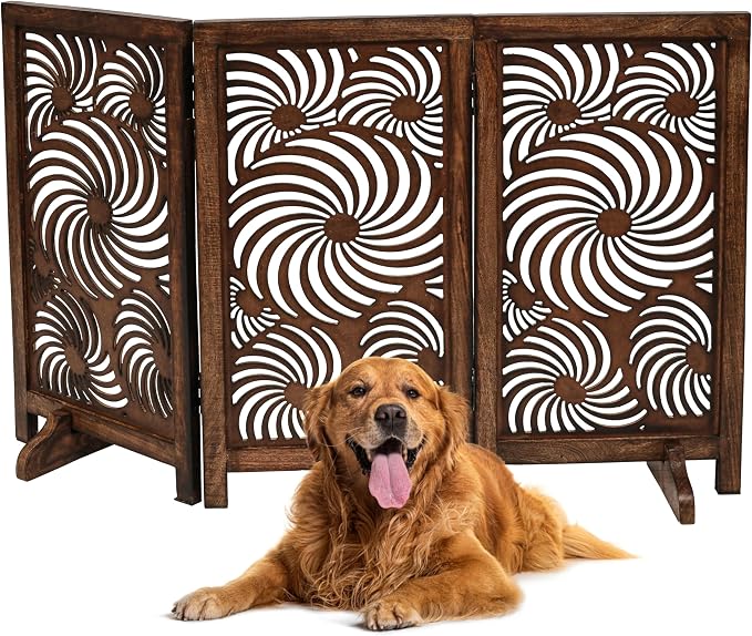 Freestanding Pet Gate for Dogs, Foldable Wooden Dog Gate for House, Indoor Dog Gate for Stair, Doorway, Sun Flower Design Gates for Dogs Indoor, 48 Inch Wide, (16" x3 Panels =48 inch), Burnt Finish
