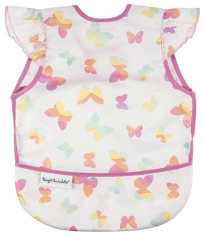 Tiny Twinkle Mess Proof Baby Bib for Girls | Waterproof Toddler Bib for Eating | Baby Apron for Feeding | Machine Washable | Perfect Shower Gift (Butterflies, 6??4M)
