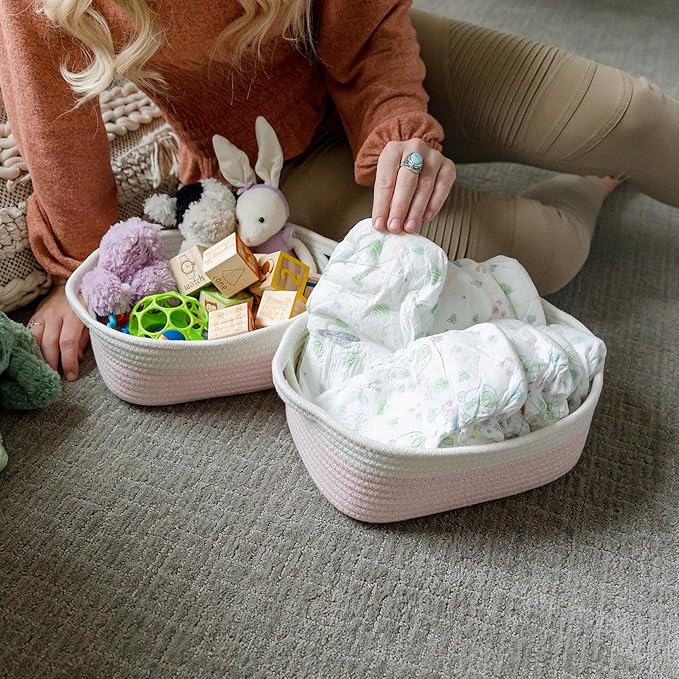 NaturalCozy 5-Piece Rectangle Storage Basket Set- Natural Cotton Rope Woven Baskets for Organizing! Small Basket for Montessori, Baby Nursery, Dog Toy Baskets, Cat Toy Box, Bathroom Organization Bin