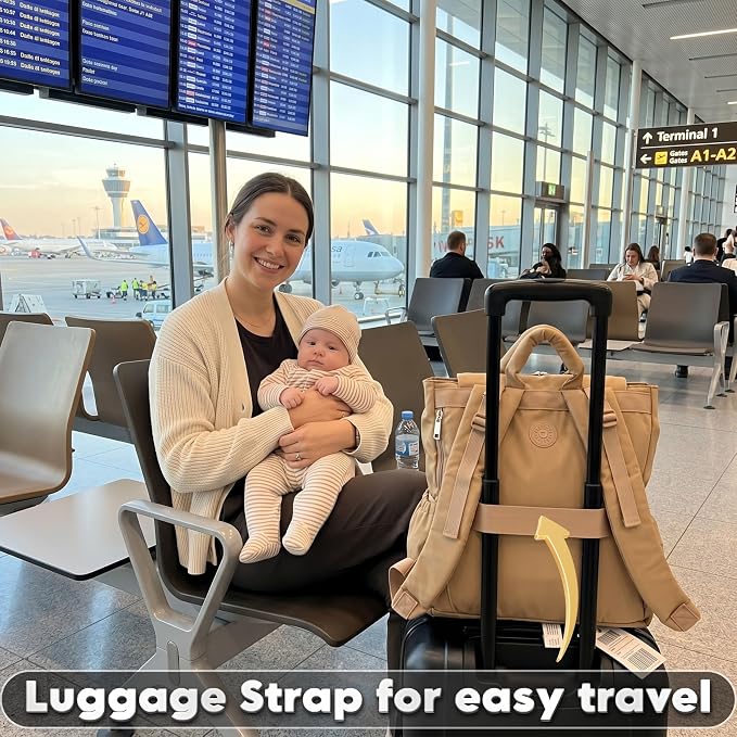 Diaper Bag Backpack for Mom & Dad - Large Baby Bag with Changing Pad & Stroller Straps - Laptop Pocket & Bottle Holder - Polyester, Water-Resistant & Travel Diaper Backpack - Soft Shell - Biege Color