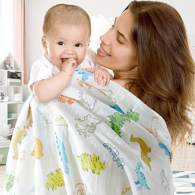 4-Pack Muslin Swaddle Blankets 47x47-100% Cotton Breathable Receiving Blankets for Newborn Baby, Soft Swaddling Wraps, Joyful Jungle Friends