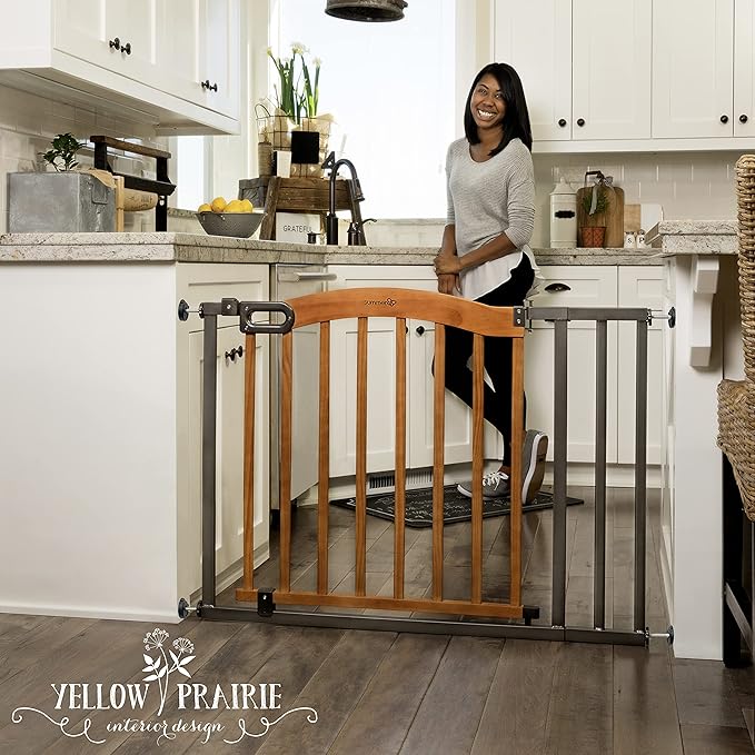Summer Infant Anywhere Decorative Walk-Thru Pet and Baby Gate, 28??- 42.5??Wide, 30" Tall, Pressure Mounted, Insall In-between Rooms and Doorways, Walnut Wood with Metal Charcoal Accents
