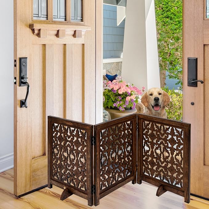 Freestanding Pet Gate for Dogs, Foldable Wooden Dog Gate for House, Indoor Dog Gate for Stair, Doorway, Flower Design Gates for Dogs Indoor, 54 Inch Wide, (18" x3 Panels =54 inch), Burnt Finish
