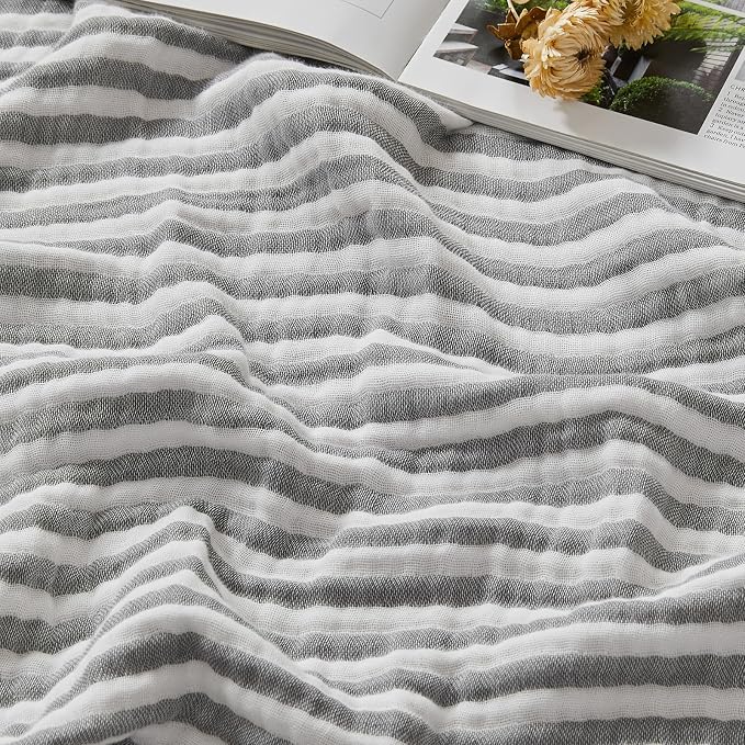EMME Cotton Muslin Twin XL Blanket Breathable Gauze Soft Lightweight Adults Gifts for Women (Striped Grey, 66"x90")