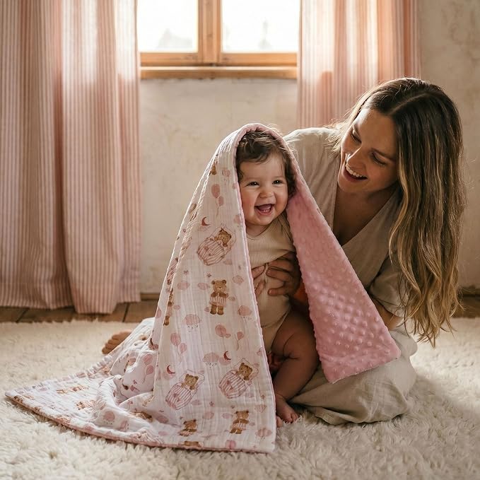 GLLQUEN BABY Blankets for Girls, Soft Muslin Cotton Front Dotted Fleece Backing, Nursery Minky Crib Blanket for Infant Toddler, 30 x 40 inches Throw Blanket, Pink Bear