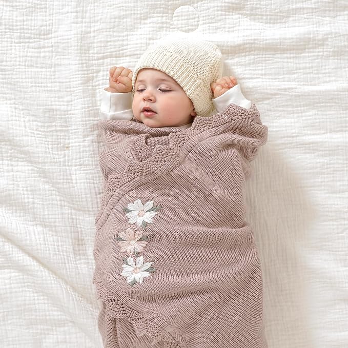 LAWKUL Baby Blanket 100% Traceable Cotton Knit Receiving Blankets Crib Blanket for Newborn Boy Girls 40"x30" White Floral