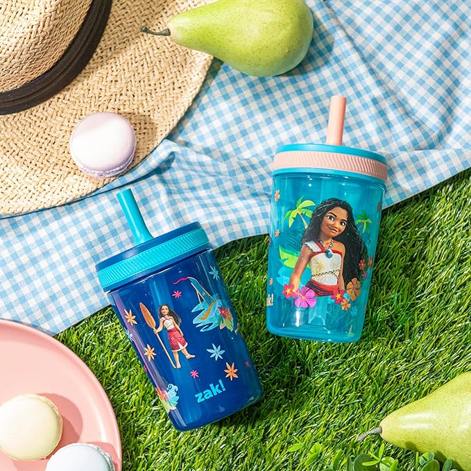 Zak Designs Disney Moana 2 Kelso Toddler Cups For Travel or At Home, 15oz 2-Pack Durable Plastic Sippy Cups With Leak-Proof Design is Perfect For Kids (Moana, Maui, Simea)