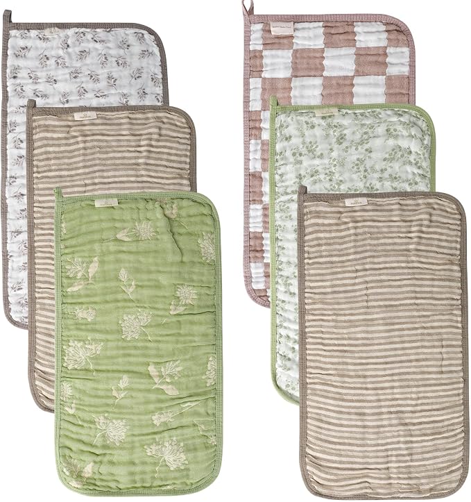 6-Pack Muslin Baby Burp Cloths Made with Organic Cotton – 6-Layer Absorbent & Gentle for Newborn Feeding, Burping – Ultra-Soft, 20x10 Inch Set in Natural Sage