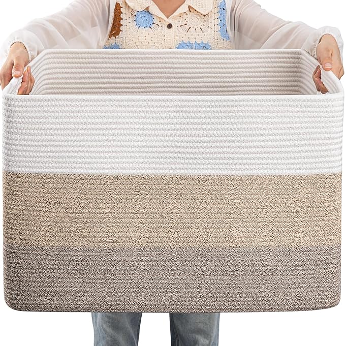 OIAHOMY 108L Large Cotton Rope Basket, Rectangle Woven Baskets for Storage, Nursery Blanket Storage Living Room, Toy Basket With Handle-25?�x16?�x16??Gradient Yellow
