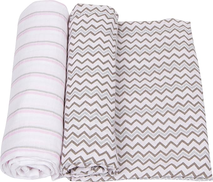 Miracle Blanket Soft Muslin Swaddles Newborn Nursery Sleep Essential - Pack of 2 Warm Wraps (Pink & Grey Stripes & Chevrons)