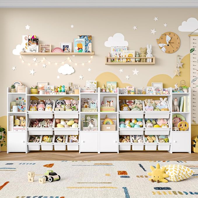 FOTOSOK Toy Storage Organizer with 8 Toy Bins, Toy Organizer Kids Bookshelf with 6 Storage Cubbies, Stuffed Animal Storage Organizer, Playroom Storage and Toy Chest, White