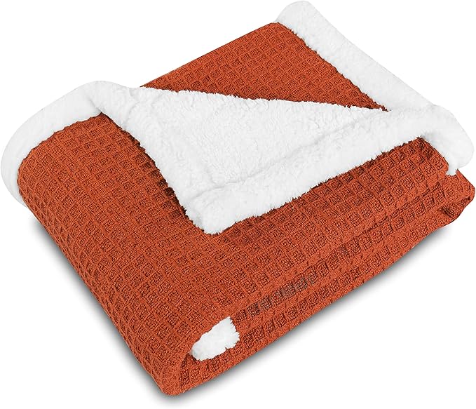 Luxurious Cotton Unisex Baby Boy Girl Blanket Waffle Weave with Sherpa Backing Soft Cozy 30''x40'' Receiving Crib Stroller Nap Blanket (Rust)