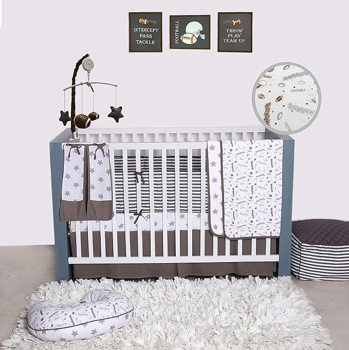 Bacati - 4 Pack Sports Baby Swaddle Blankets Boys Swaddle Wrap Soft Breathable Cotton Muslin Swaddle Blankets Receiving Blanket for Boys, Large 45 x 45 inches (Football Brown/Grey)