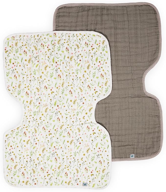 Little Unicorn 100% Natural Organic Cotton Burp Cloth 2 Pack | Ultra-Absorbent & Soft Muslin Fabric | Larger Size & Ergonomic Design (Floral Field + Driftwood)