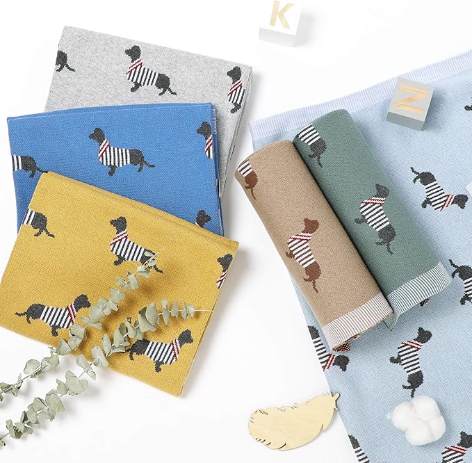 Opewod Baby Blanket Knitted 100% Cotton Soft Blankets for Newborn Boy Girls Cute Dog Dachshund 30x40 inches Jean Blue