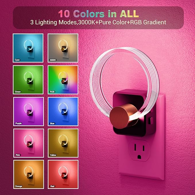 JandCase Night Light, 2 Pack Color Changing Night Lights Plug into Wall, RGB Nightlight with Light Sensor, 180° Rotatable Plug in Nightlights, Dimmable Ring Acrylic Night Light for Kids Gifts Hallway