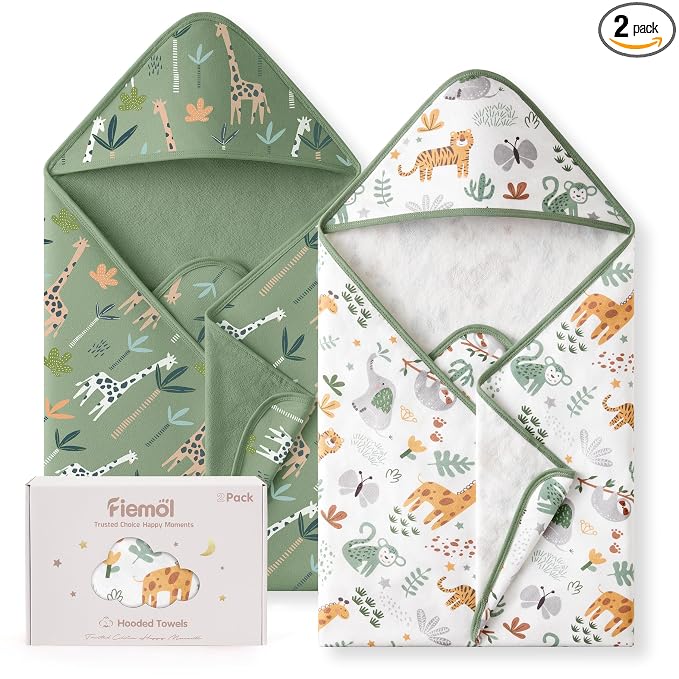 Hooded Baby Towels for Newborn,100% Cotton Baby Bath Towels with Hood for Infant Toddler Boy Girl, 2 Pack 32x32 Inch Soft & Absorbent Knit Terry Bath Essentials Green Giraffe