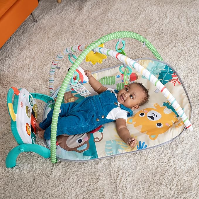 Bright Starts 4-in-1 Groovin??Kicks Piano Gym, Tummy Time Play Mat & Activity Baby Toys, Green - Tropical Safari, Newborn to Toddler