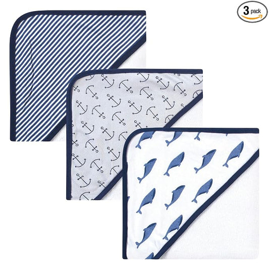 Touched by Nature Unisex Baby Organic Cotton Hooded Towels, Blue Whale, One Size