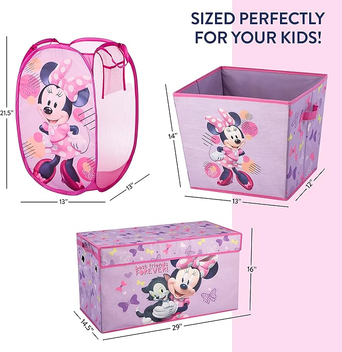 Disney Minnie Mouse 4 Piece Storage Solution Set with Pop Up Hamper, Collapsible Storage Trunk and 2 Nestable Storage Bins