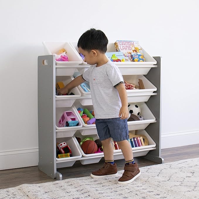 Humble Crew Kids Toy Storage Organizer with 12 Plastic Bins, Grey/White ??Removable Bins for Playroom, Bedroom, Toddler Furniture for Boys and Girls Ages