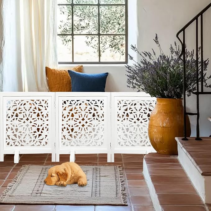Decorative Wooden Dog Gate, Free Standing Folding Pet Fence 3 Panel, 60x24 Inch Dog Barrier for Doorway or Hallway, Daisy Design, Antique White Finish