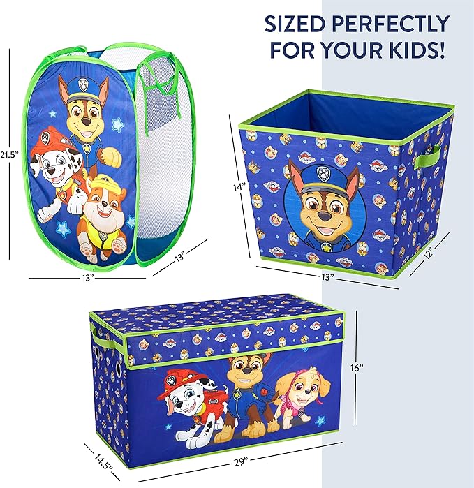 Paw Patrol 4-Piece Kids Storage Set with Pop-Up Hamper, Collapsible Toy Trunk & 2 Nestable Bins, Bedroom & Playroom Organizer