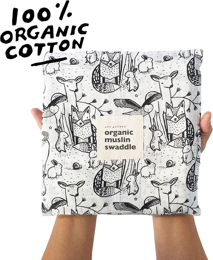 Wee Gallery, Organic Muslin Swaddle - Forest - Woodland Animals Design, Black and White for Baby Visual Development, Quality Cotton Swaddling or Receiving Blanket