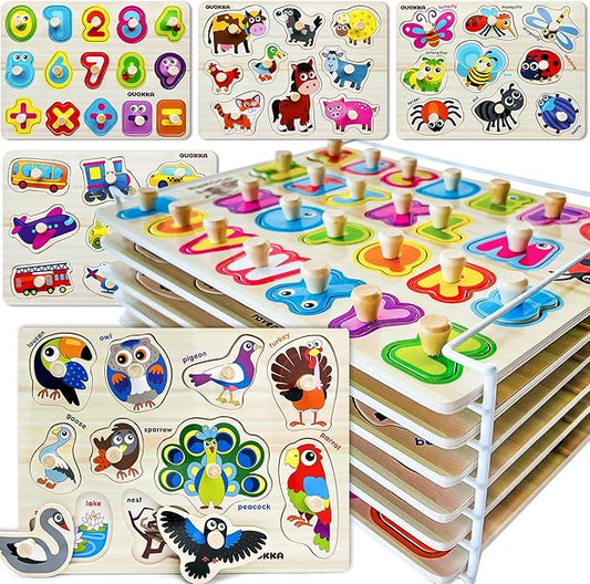 QUOKKA Wooden Puzzles for Toddlers 1-3 - 6XSET Toddler Puzzles Ages 2-4 with Rack - Learning Alphabet - Numbers - Animals Montessori Toy for Kids 3-5 - Wood Games Gift for Boys and Girls