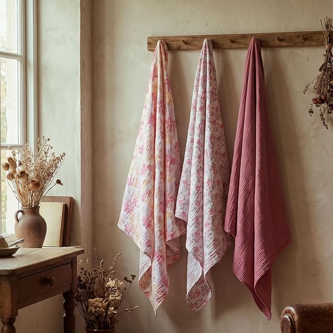 Muslin Swaddle Blankets for Newborns, 3-Pack Cotton Receiving Blankets, Large 40 x 38 inches, Breathable Soft Baby Blankets for Girls, Wrap Burp Cloths, Vintage Purple Floral