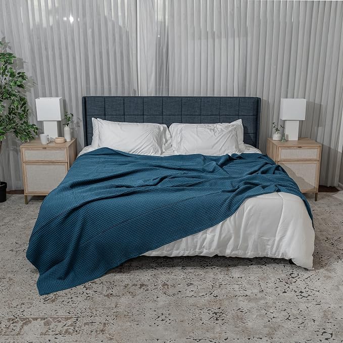 Comfy Cubs Waffle Blanket Twin, 90" x 66" - 100% Cotton Lightweight Breathable Bed Blanket - Soft Textured Thermal Weave for All Seasons – Decorative Cozy Layer for Couch, Sofa, or Bed - Neptune