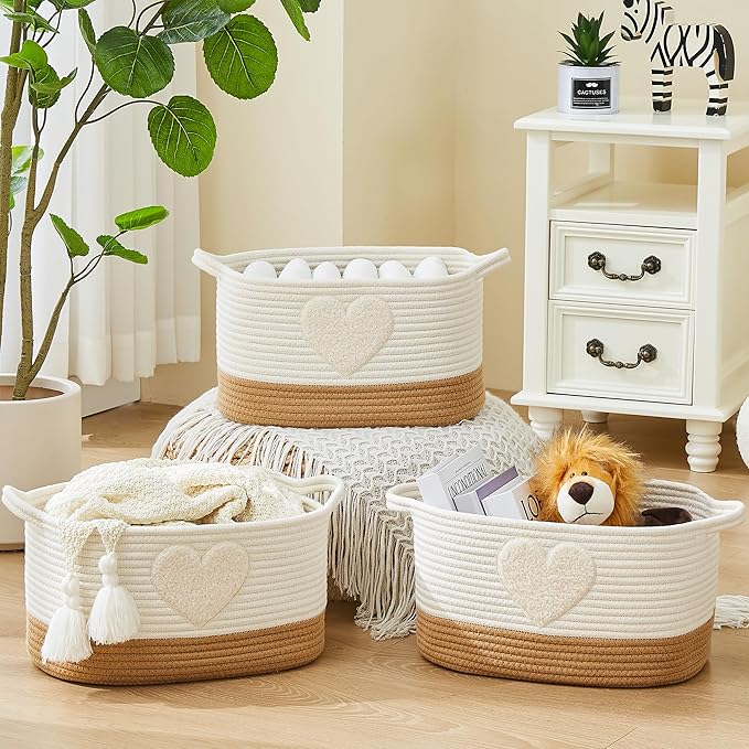 Woven Baskets, 3-Pack Storage Basket for Living Room, Bedroom, Nursery, Stylish Gift Basket with Handles, Cotton Rope Basket for Toys and Shelves, Multi-Purpose Organizer, Heart