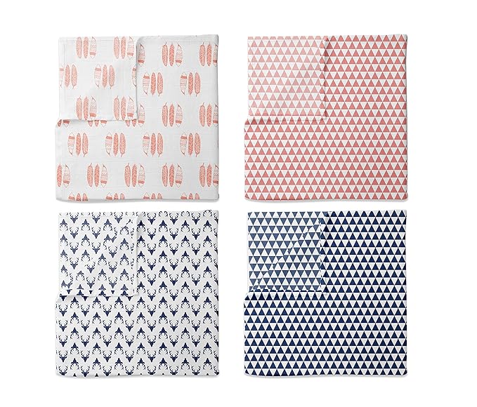 Bacati Olivia Tribal Buck/Feathers/Triangles 4 Piece Cotton Muslin Swaddling Blankets, Navy