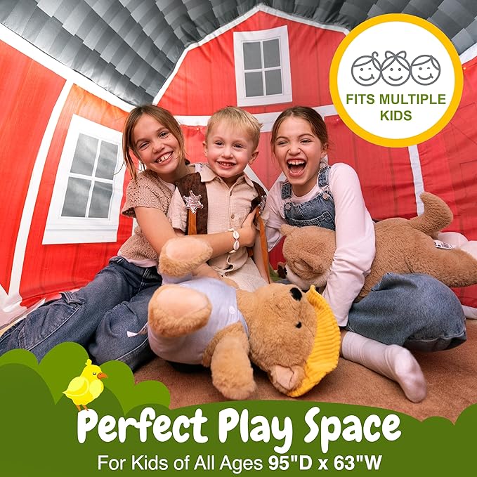 W&O Farmhouse Barn Aerodome with LED Lights & Farm Sound Button ??Inflatable Farm Play Tent ??Kids Play Tent Indoor ??Sets Up in Seconds for Ages 3-12 (Fan Not Included)