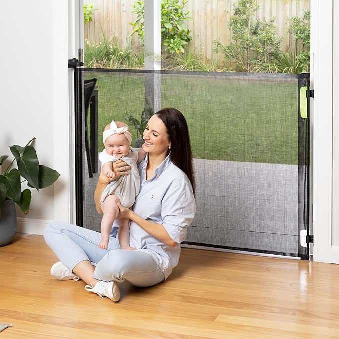 Retractable Baby Gate Perma Child Safety 41" Tall x 71??Wide, Mesh, for Stairs, Doorways, Dogs, Pets, Indoor, Outdoor, One-Handed Operation, Locking, Easy Install, Hardware Mount, Black
