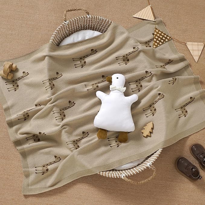 Opewod Soft Cotton Knit Baby Blanket with Cute Deer Print 40x30in Newborn Receiving Blanket Swaddle Cuddle Blanket for Crib, Stroller, or Nursery for Infants & Toddlers Camel