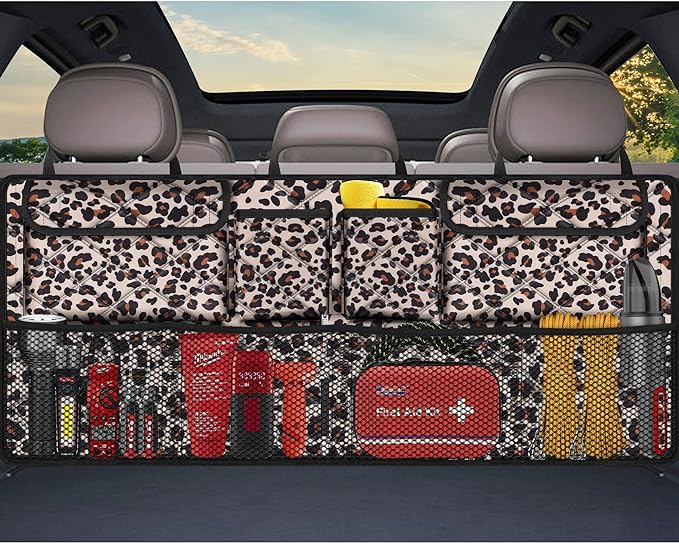 Femuar Car Trunk Organizer,Large Capacity Backseat Trunk Organizer(42"*18"),Collapsible Car Storage Bag with 8 Pocekt,Car Organizer for SUV/MPV/Truck - Leopard print