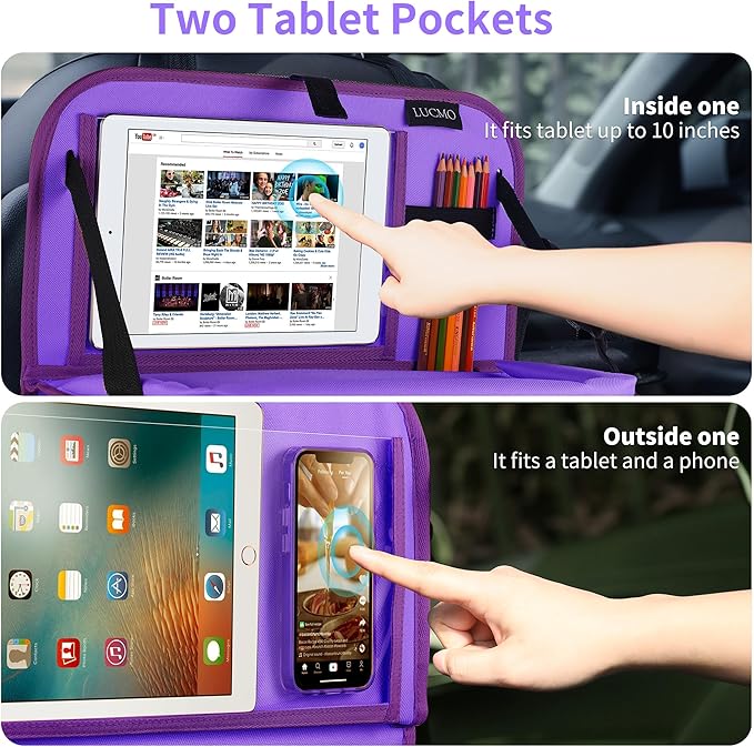 LUCMO Car Backseat Organizer with Tablet Holder-2 Pcs,6 Storage Pockets Car Storage Organizer with Foldable Food Tray,Protectors Kick Mats Travel Accessories-Dark Purple