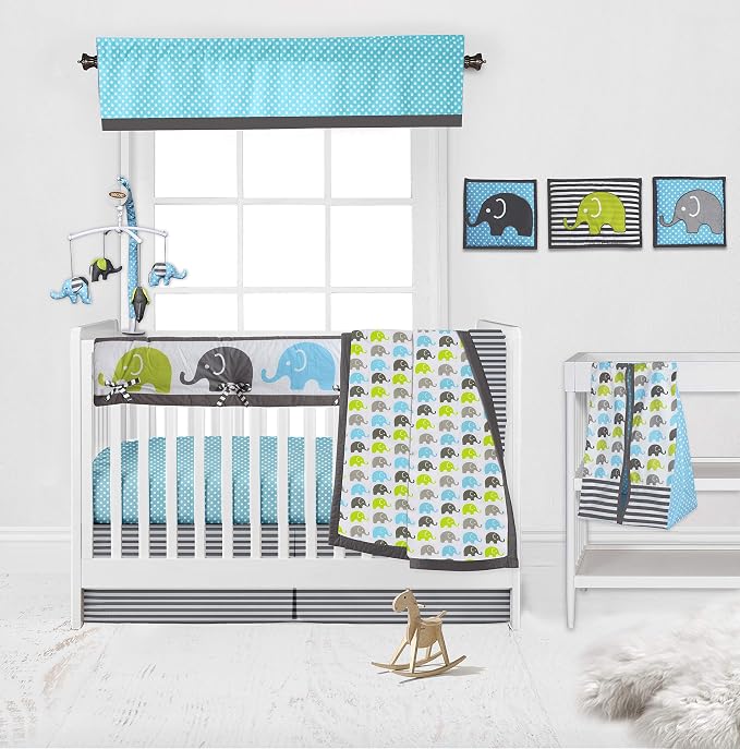 Bacati - Elephants Set of 2 100% Cotton Washable Reusable Burpies/Burp Cloths (Aqua/Lime/Grey)